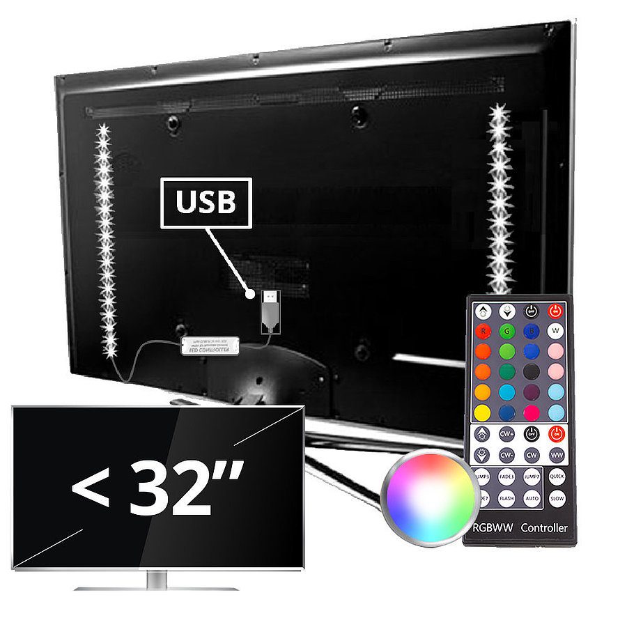 TV backlight set met 2 RGBWW ledstrips voor TV's <32 inch