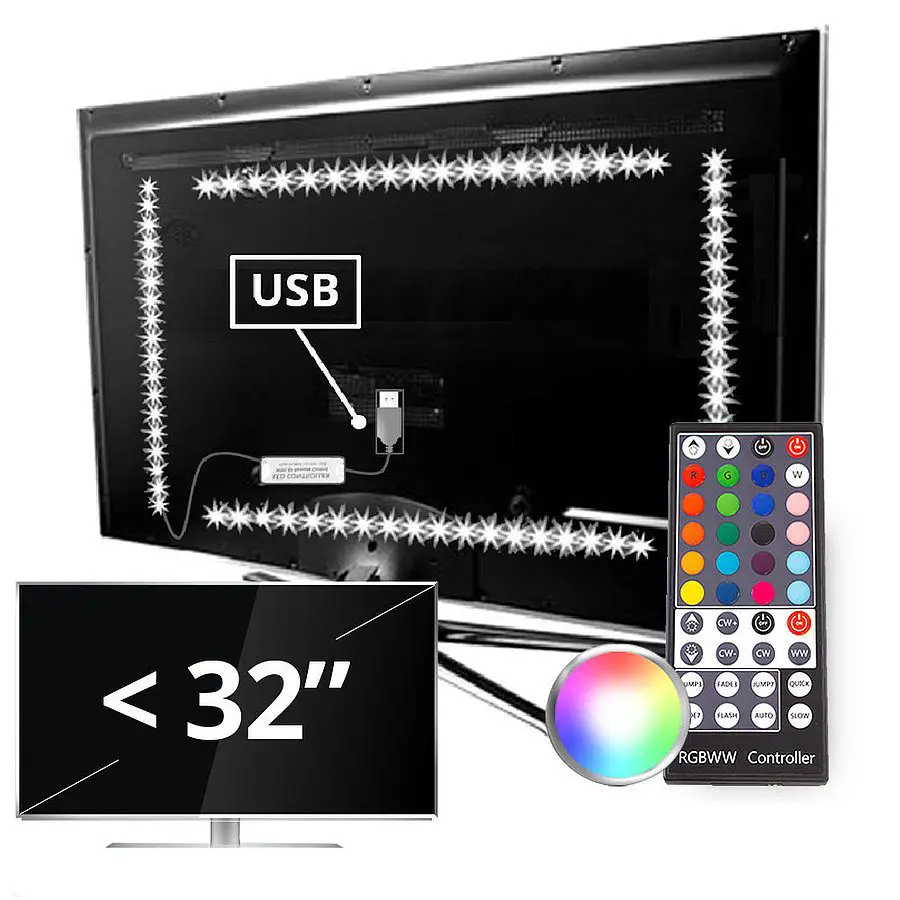 TV backlight set met 4 RGBWW ledstrips voor TV's <32 inch